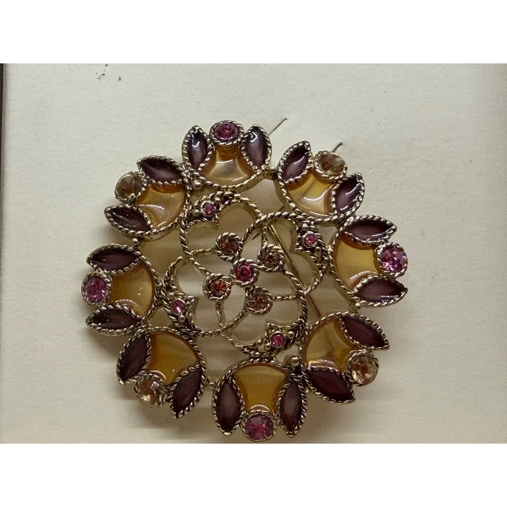 Monet 2 Signed Rhinestone and Enamel Brooch Purple Multi Color Original Box‎ 2